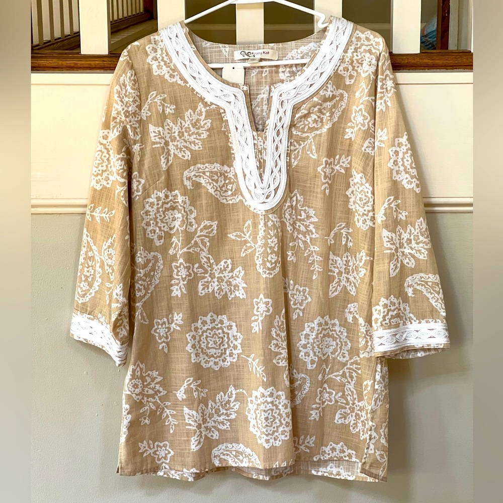 Krazy Kat Size L Paisley Floral Print 3/4 Sleeve Women’s Tunic NWT